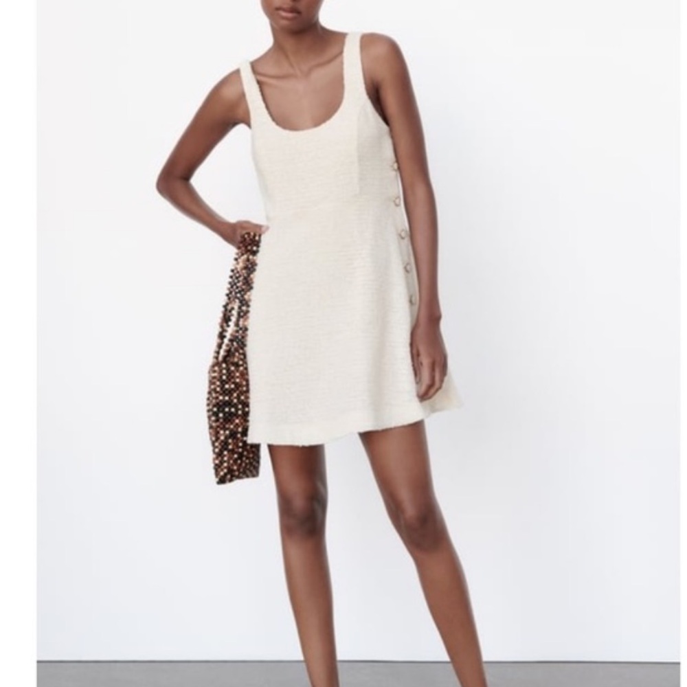 ZARA NWT Boucle Women's Cream Sleeveless A-Line Dress with Side Button Detail